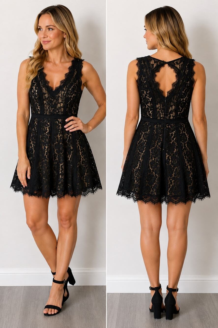 Heartloom Sera Black Nude Lace Fit & Flare Mini Dress Small Cutout Back
